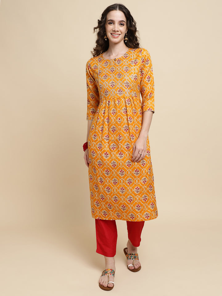 Women Yellow Floral Printed Embroidered  Kurta with Trousers