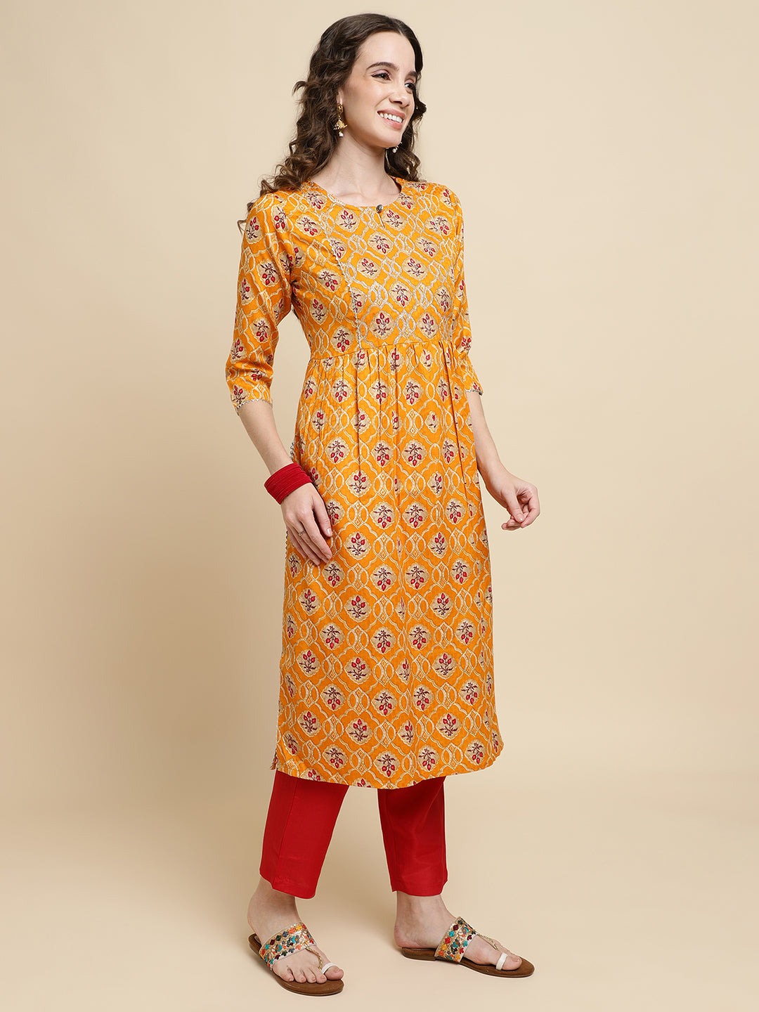 Women Yellow Floral Printed Embroidered  Kurta with Trousers