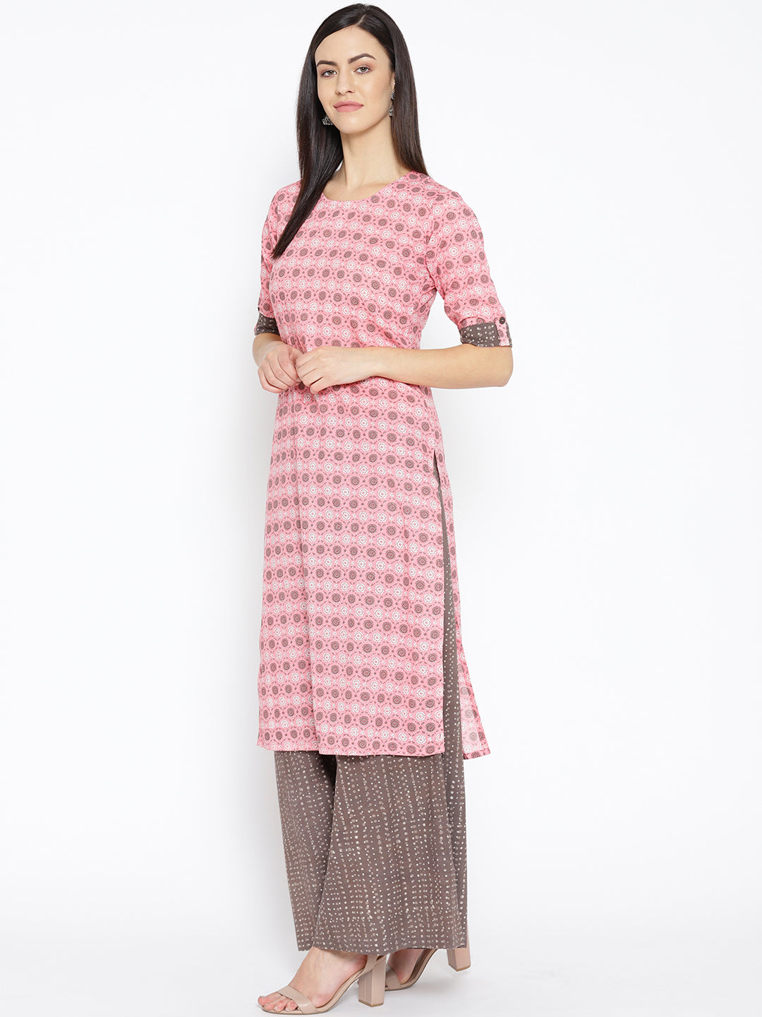 Women Pink Printed Cotton Kurta With Palazzos