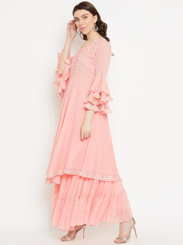 women Peach Flared A-Line Kurta with Flared Skirt