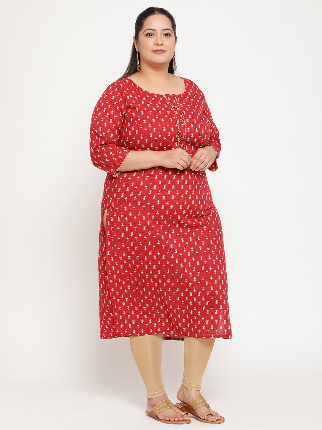 Women Red Printed Plus Size Straight Kurta