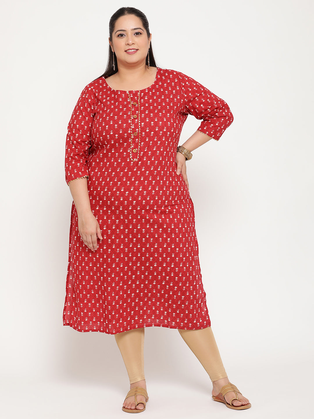 Women Red Printed Plus Size Straight Kurta