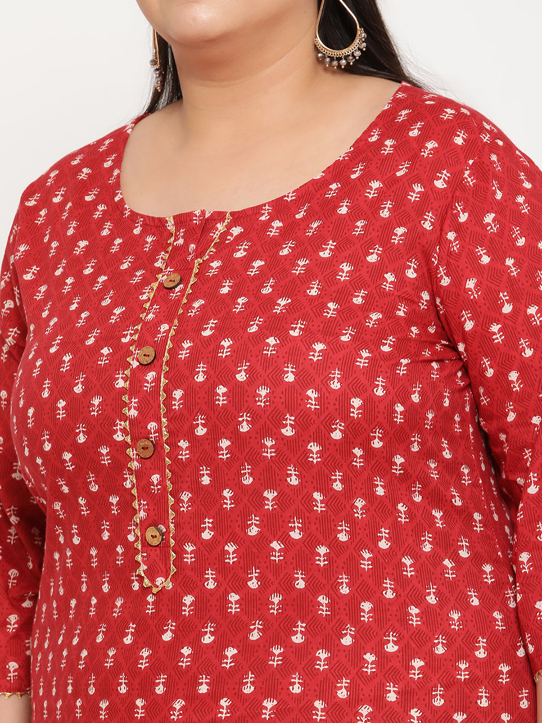 Women Red Printed Plus Size Straight Kurta