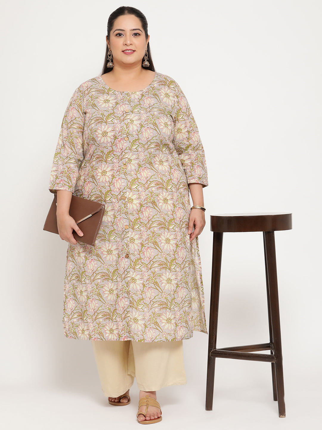 Women Green Printed Plus Size Straight Kurta