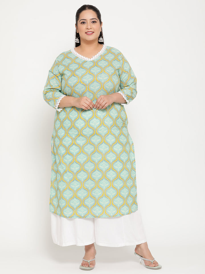 Women Blue Printed Plus Size Kurta