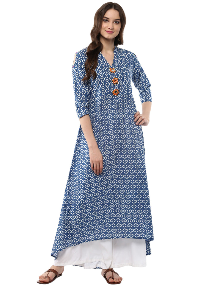 Women Blue Printed A-line Long Kurta