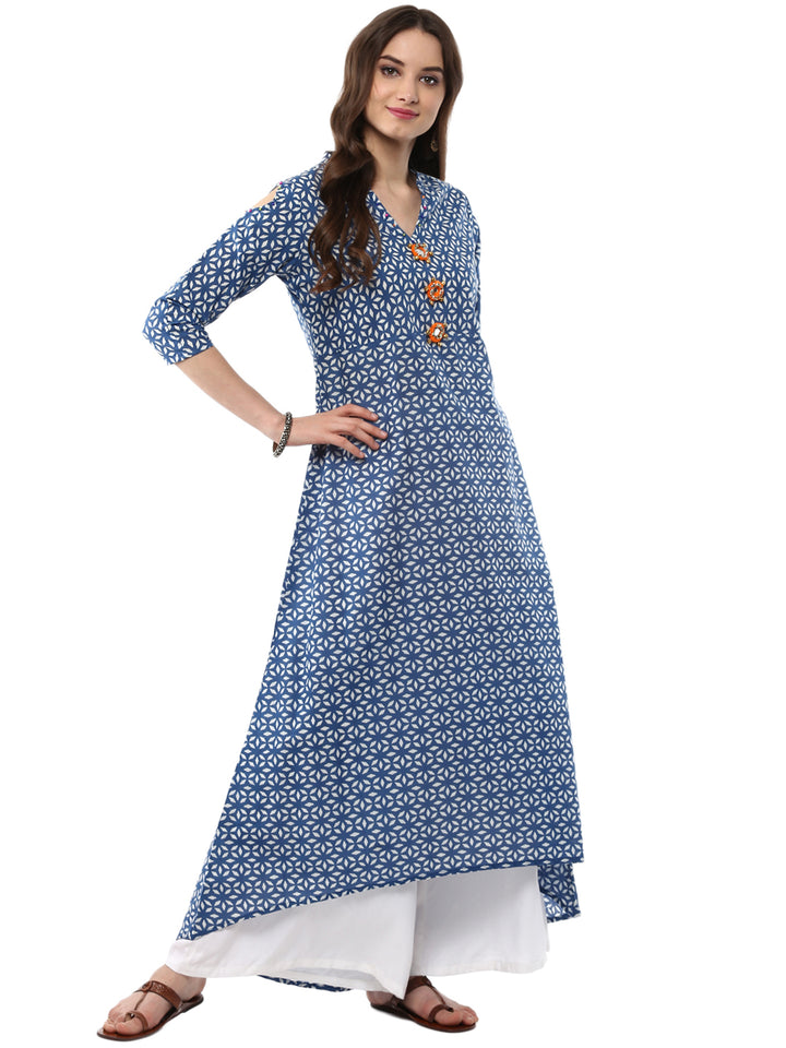 Women Blue Printed A-line Long Kurta