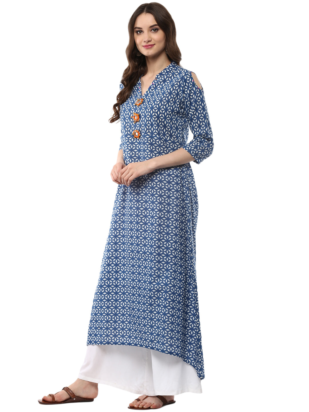 Women Blue Printed A-line Long Kurta