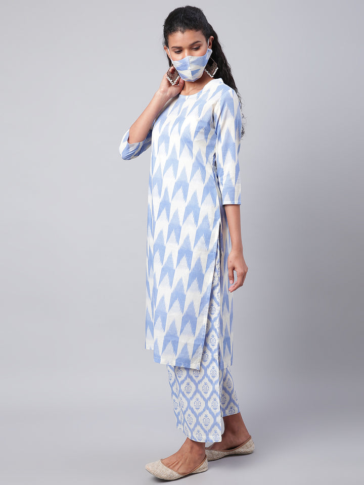 Women Blue Ikat Printed Kurta with Palazzos