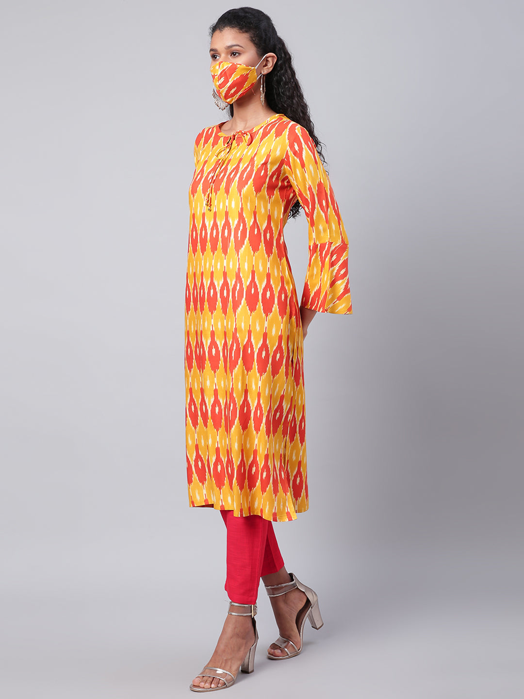 Women Yellow and Red Abstract Printed Long Kurta