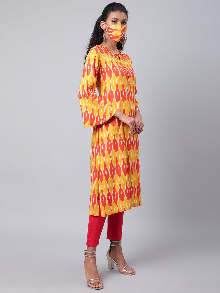 Women Yellow and Red Abstract Printed Long Kurta