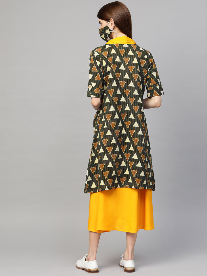 Women Green and Yellow A-line Kurta with Shrug and Belt