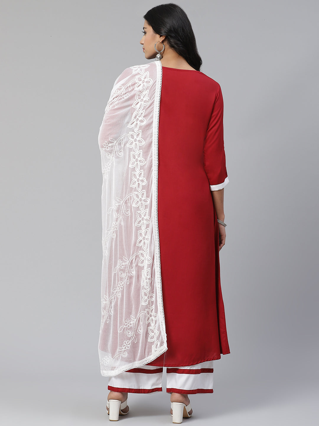 Women Red Solid Kurta and Palazzos with Embroidered Dupatta