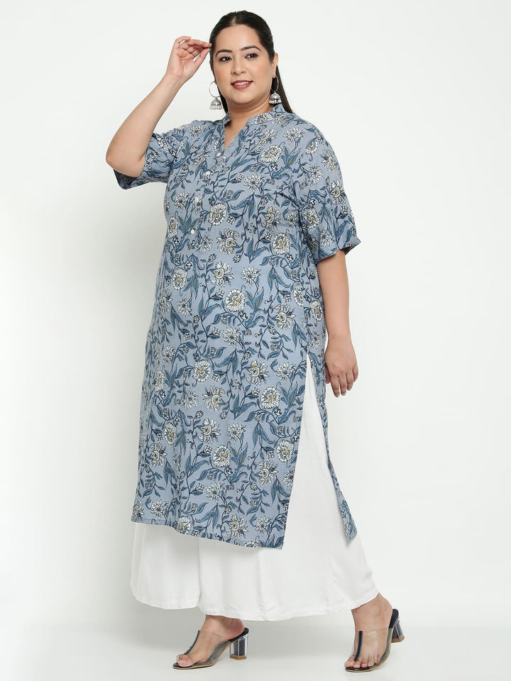 Women Grey Floral Printed Plus Size Kurta