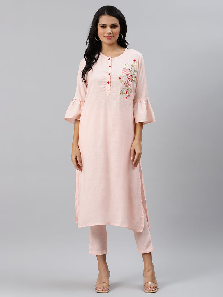 Pink Solid Embroidered Motif Kurta with Trouser