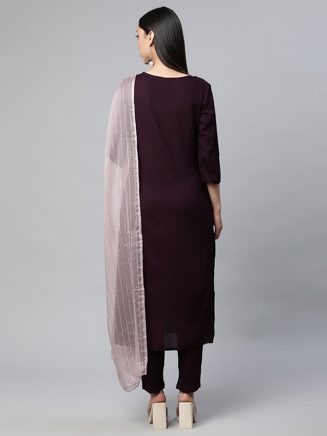 Women Purple Embroidered Yoke Design kurta with Trousers and Dupatta