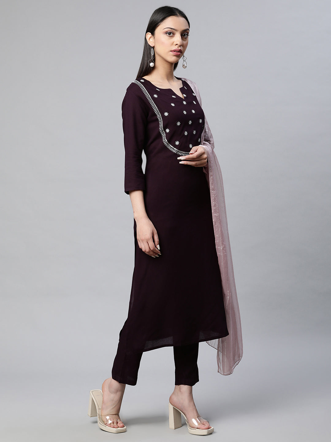 Women Purple Embroidered Yoke Design kurta with Trousers and Dupatta