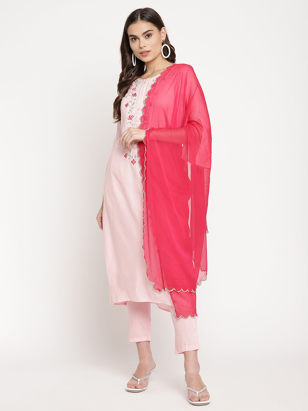Women Pink Embroidered Yoke Design Kurta with Trousers and Dupatta