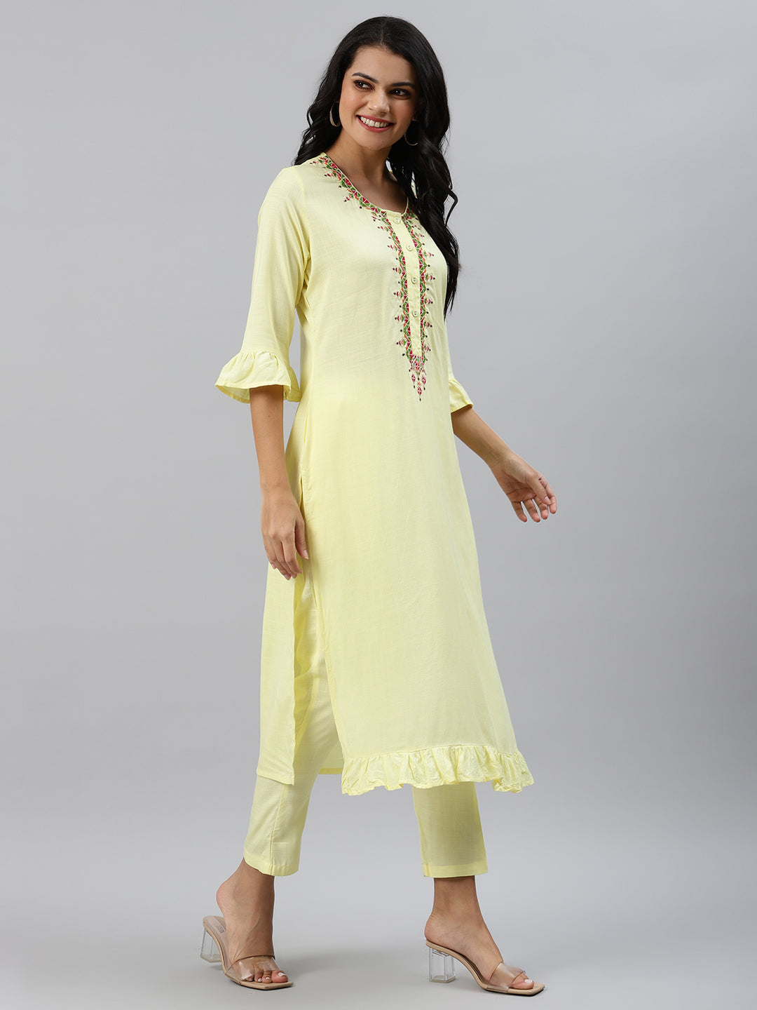 Women Yellow Thread Work Yoke Design Kurta with Trousers