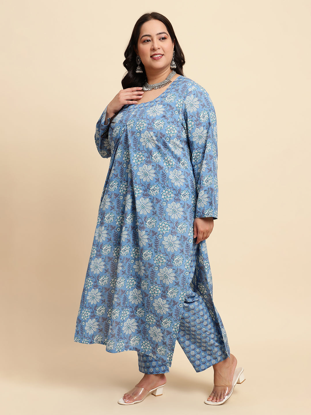 Women Blue Plus size Printed Kurta set with Dupatta-NB127PL-CBD