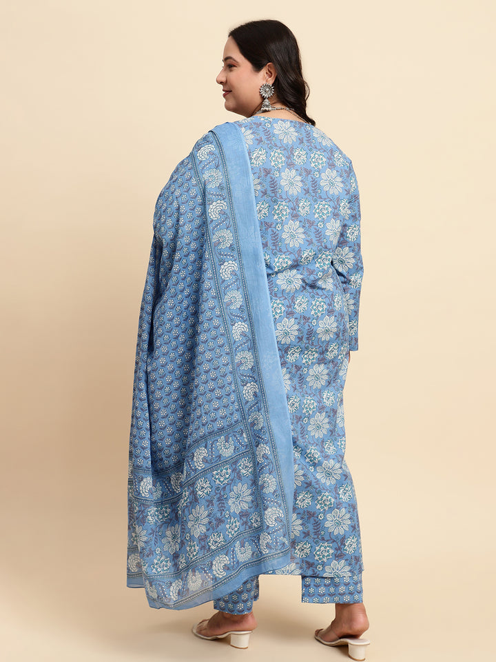 Women Blue Plus size Printed Kurta set with Dupatta-NB127PL-CBD