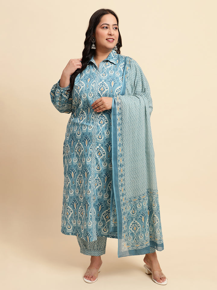 Women Blue Plus size Printed Kurta set with Dupatta-NB129PL-CBD