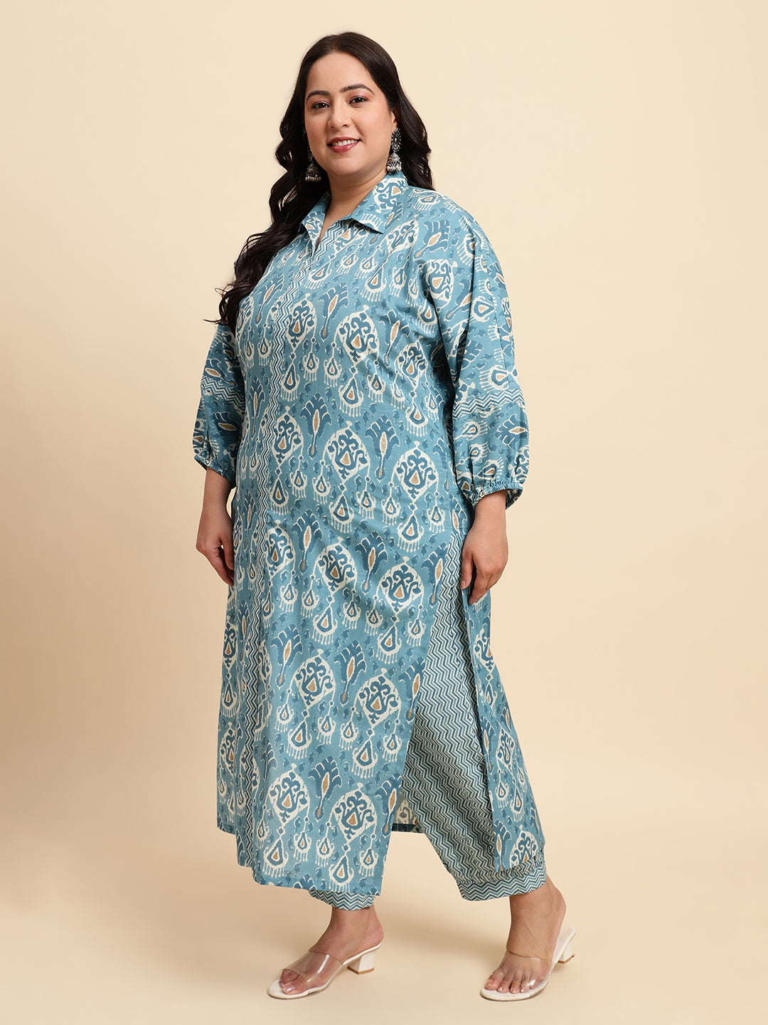 Women Blue Plus size Printed Kurta set with Dupatta-NB129PL-CBD