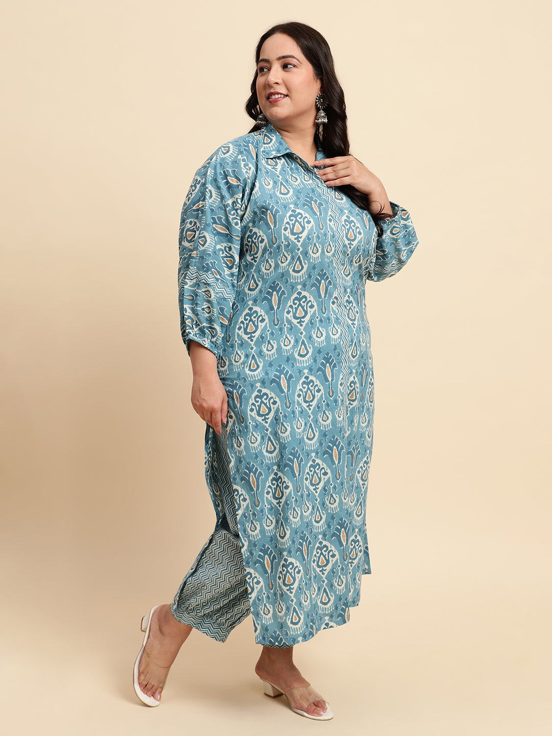 Women Blue Plus size Printed Kurta set with Dupatta-NB129PL-CBD