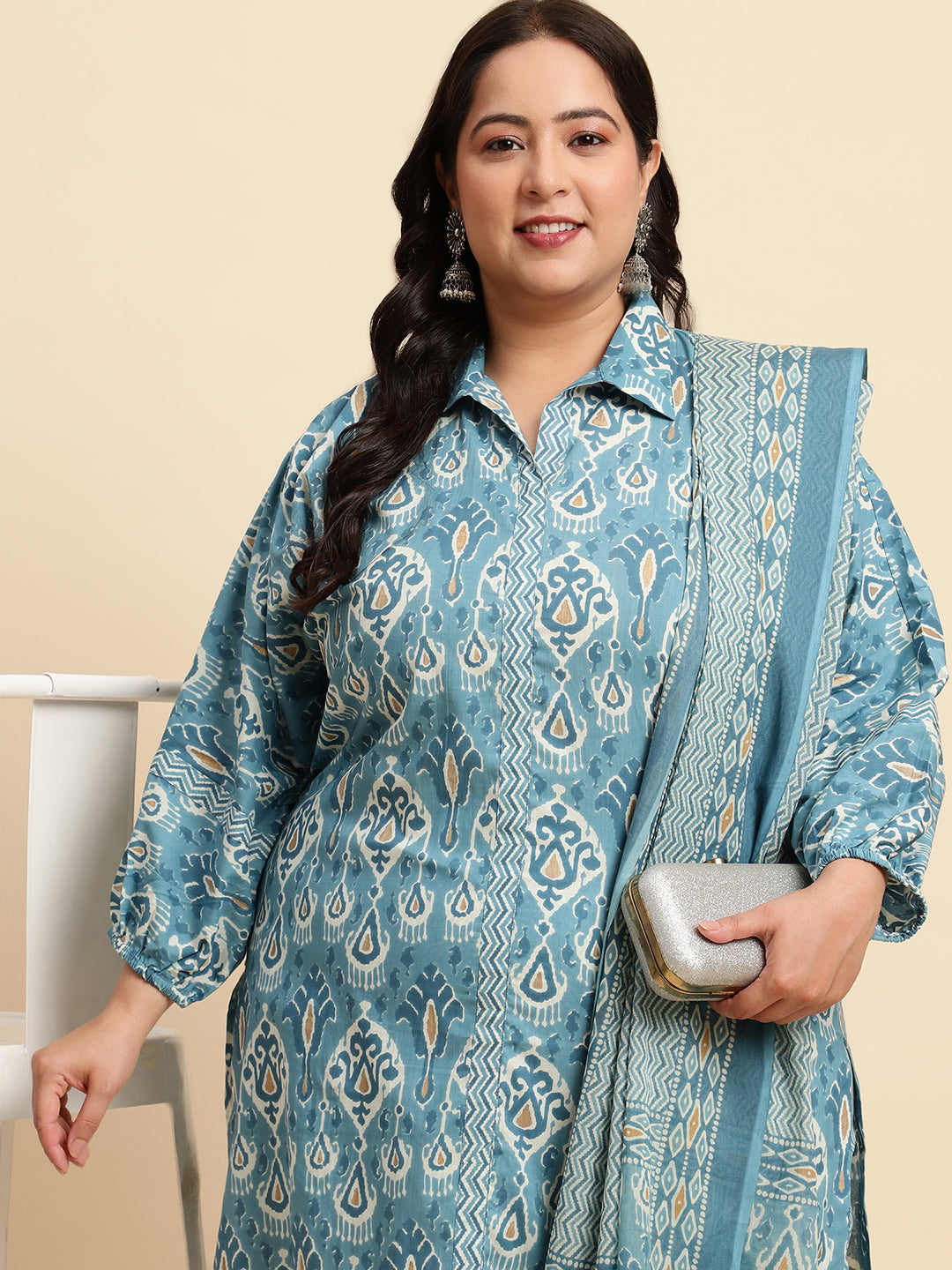 Women Blue Plus size Printed Kurta set with Dupatta-NB129PL-CBD