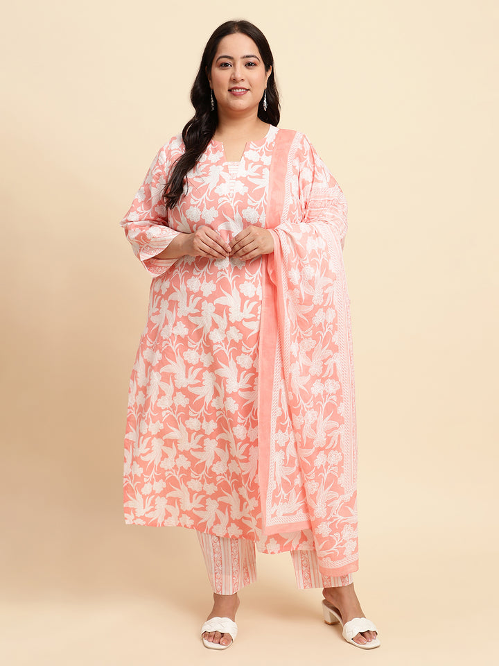 Peach Printed Plus Size Kurta Set with Dupatta