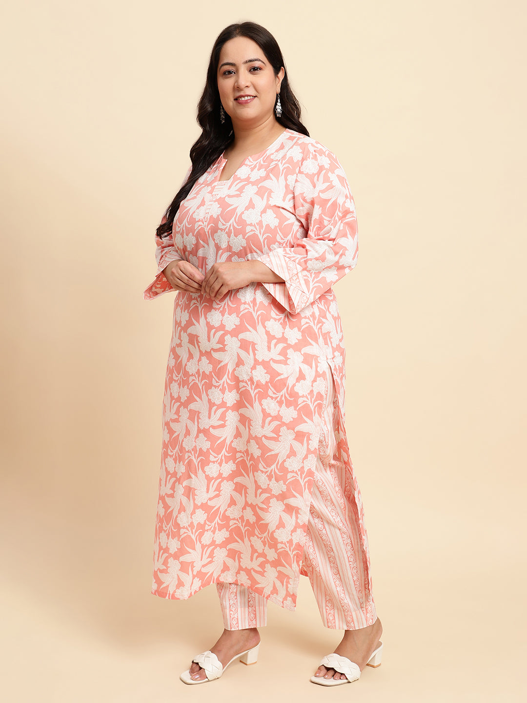 Peach Printed Plus Size Kurta Set with Dupatta