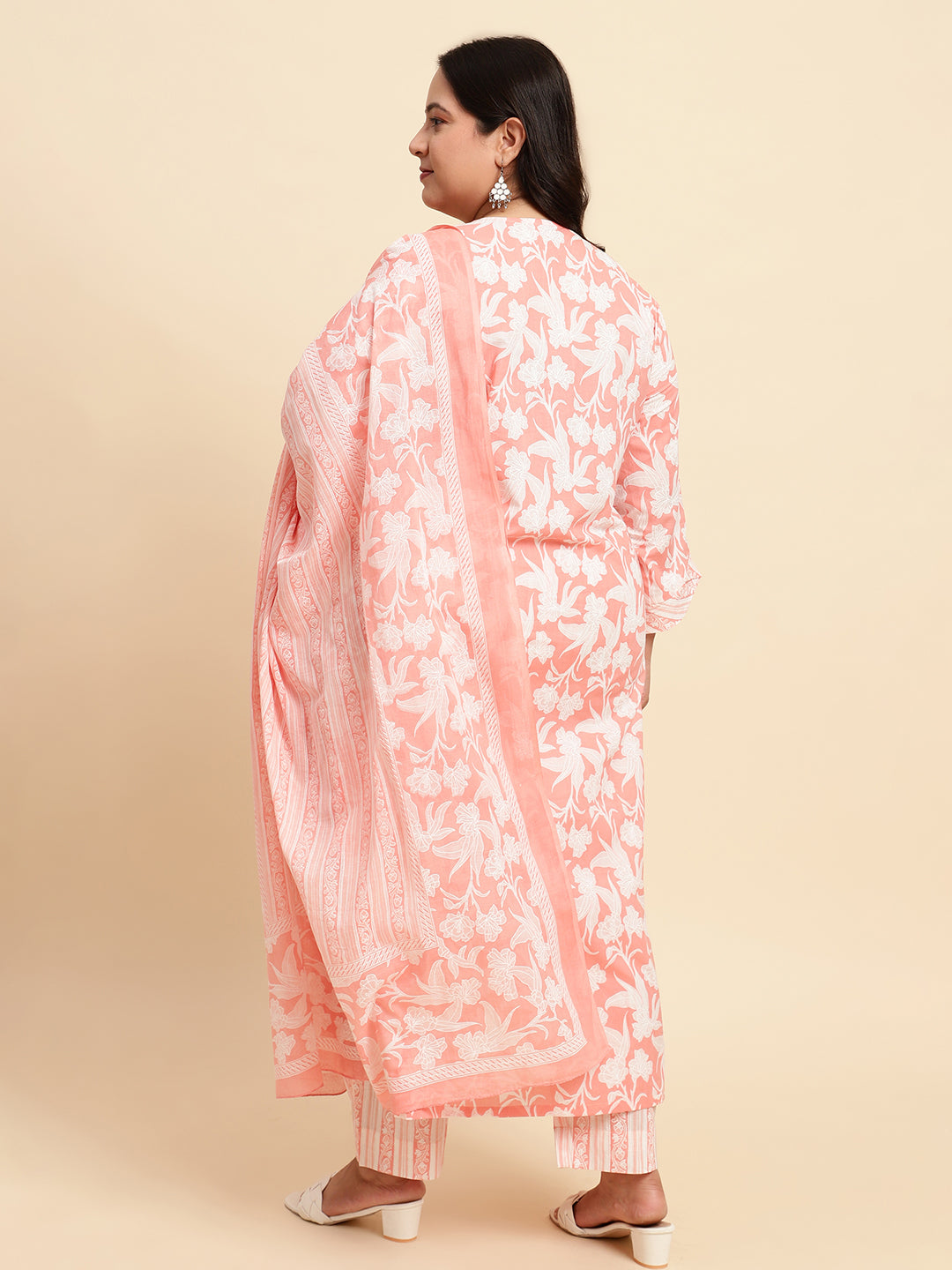 Peach Printed Plus Size Kurta Set with Dupatta