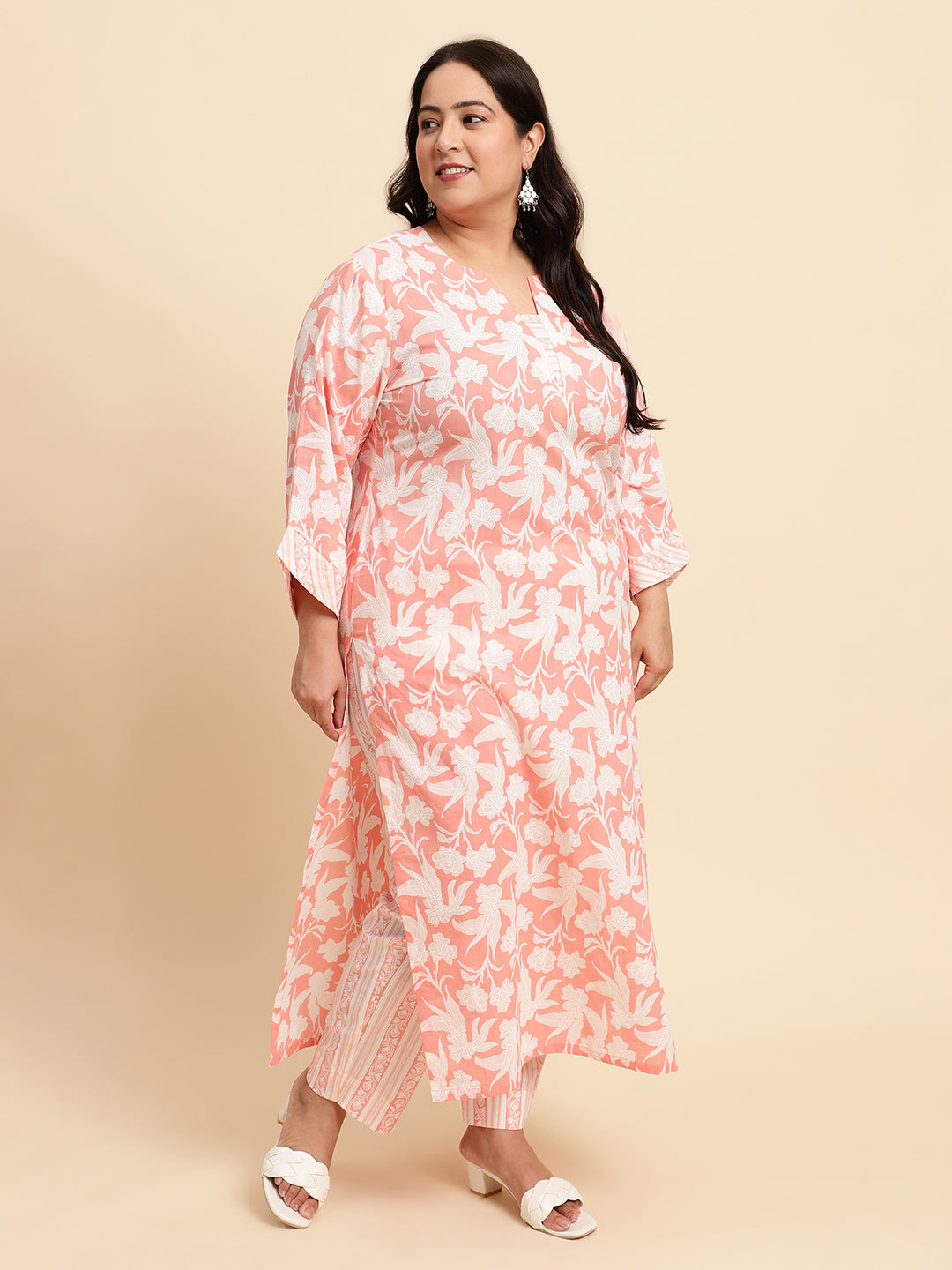 Peach Printed Plus Size Kurta Set with Dupatta