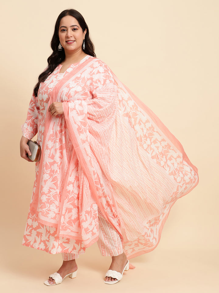 Peach Printed Plus Size Kurta Set with Dupatta