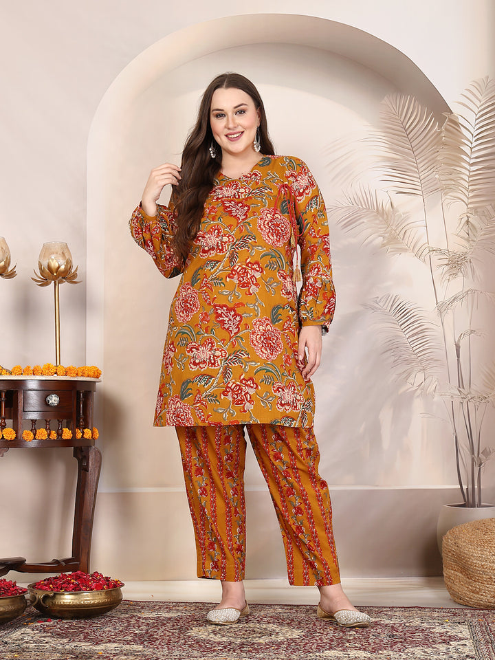 Women Mustard Printed Plus Size Co-ord Set