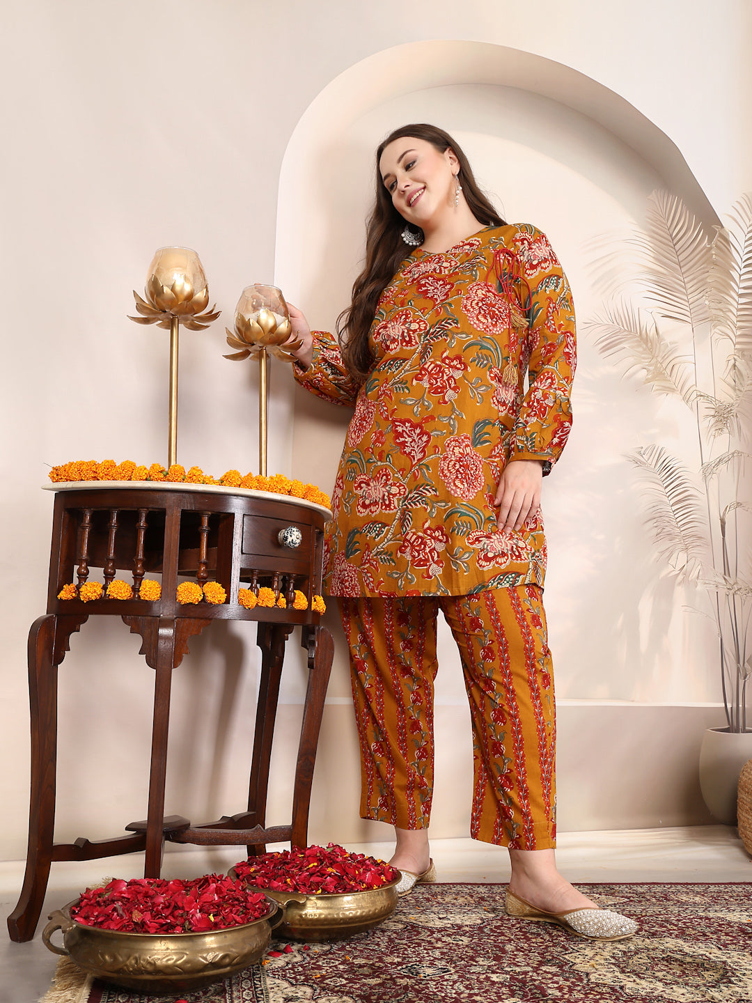 Women Mustard Printed Plus Size Co-ord Set