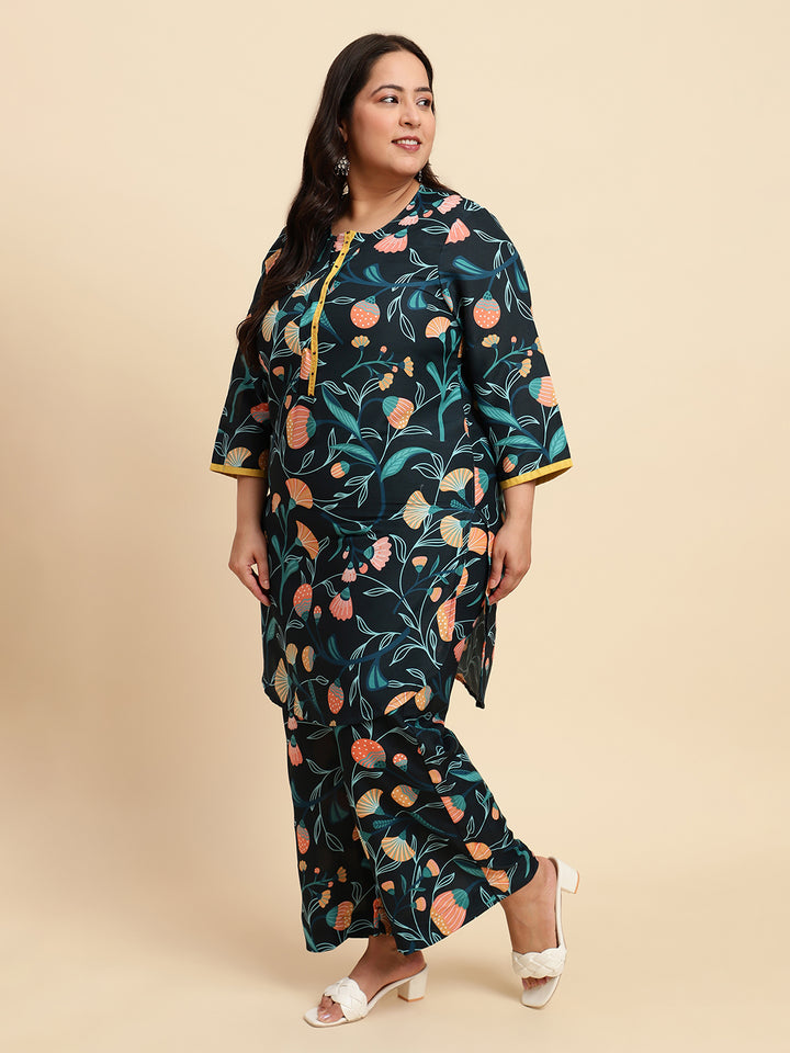 women Black Printed Plus Size Co-ord Set-NB135PL-CO