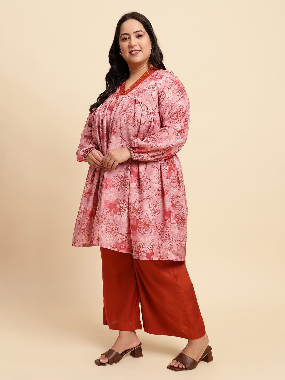 women Peach Printed Plus Size Co-ord Set