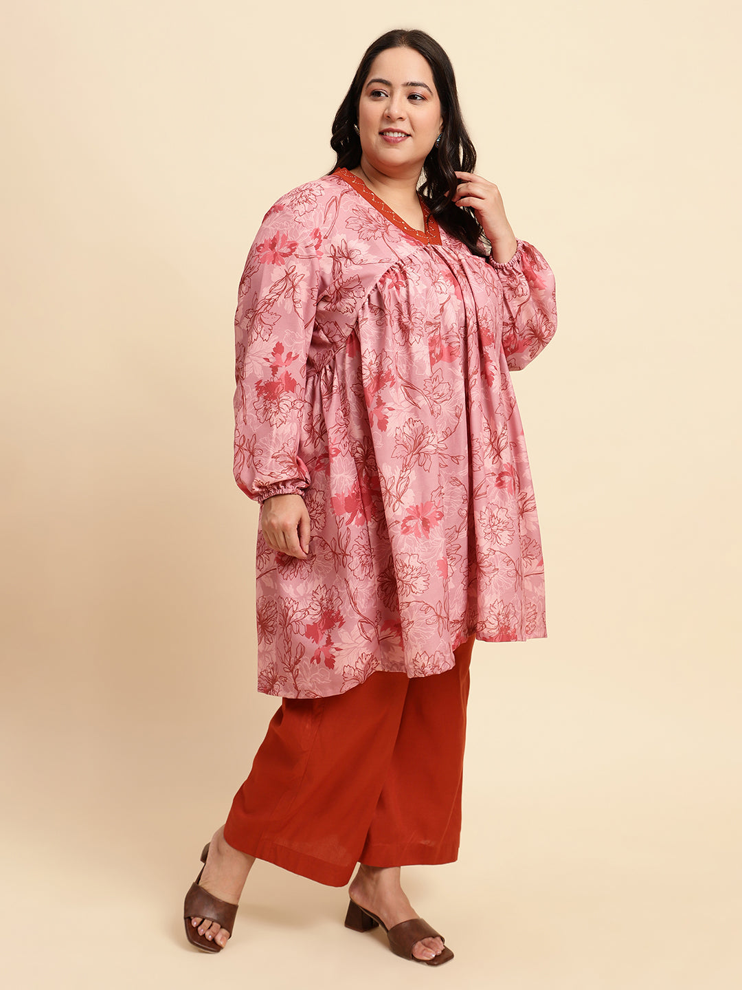 women Peach Printed Plus Size Co-ord Set