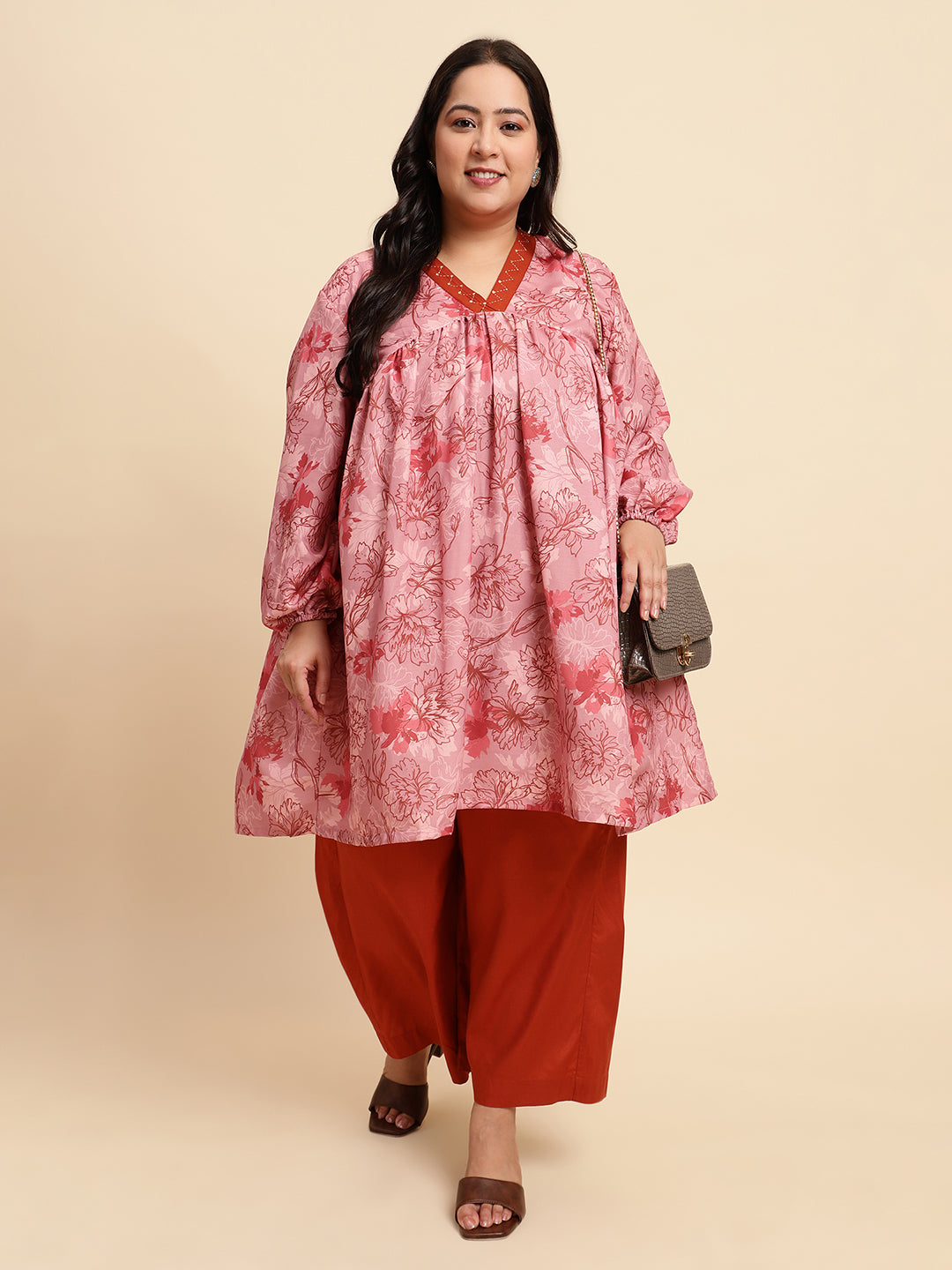 women Peach Printed Plus Size Co-ord Set