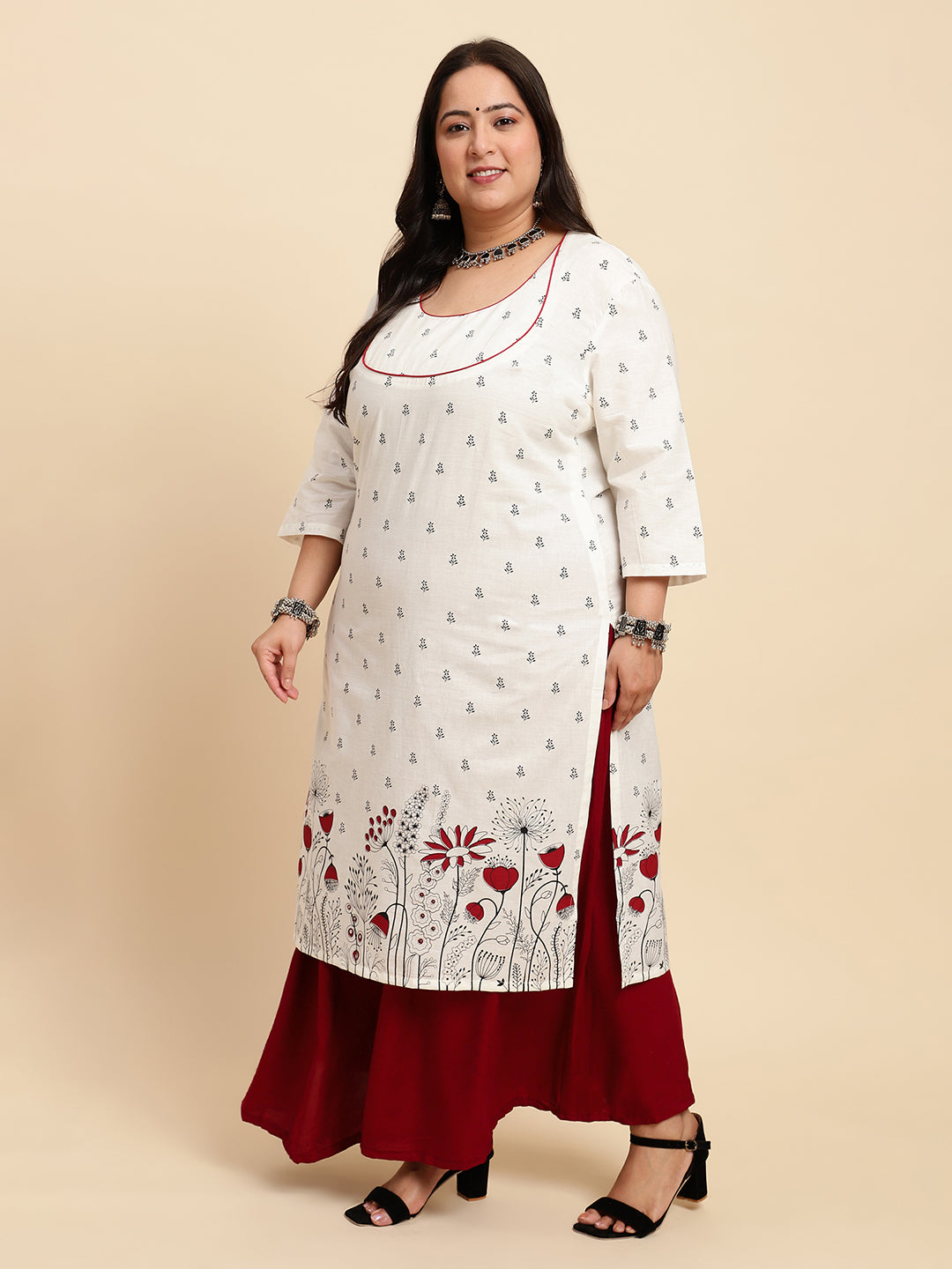 Women White Printed Plus Size Kurta