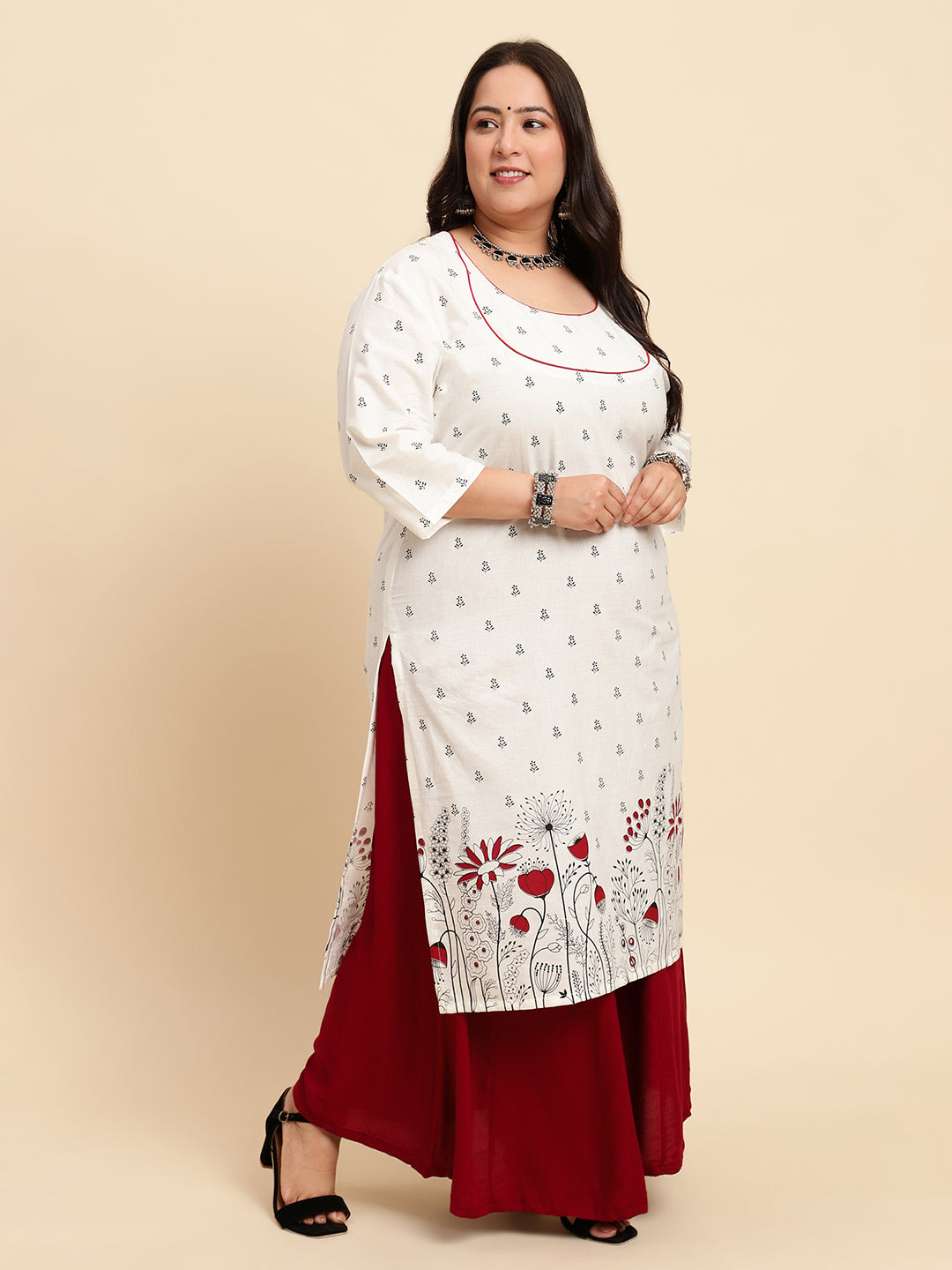 Women White Printed Plus Size Kurta