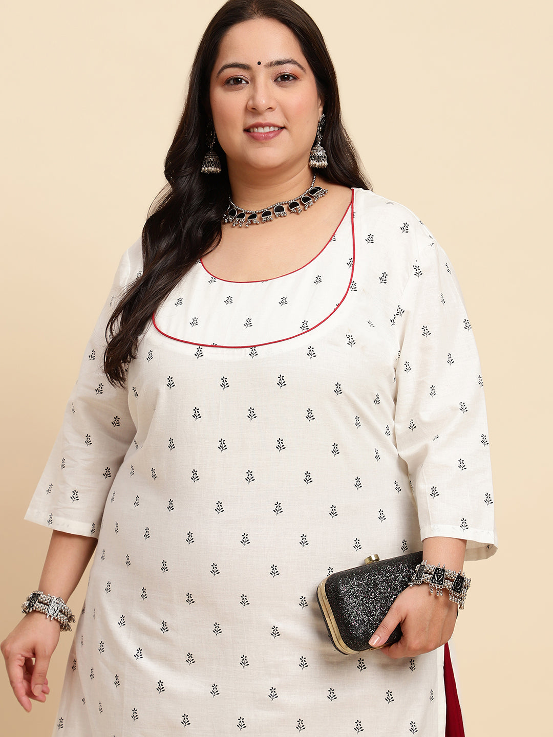 Women White Printed Plus Size Kurta