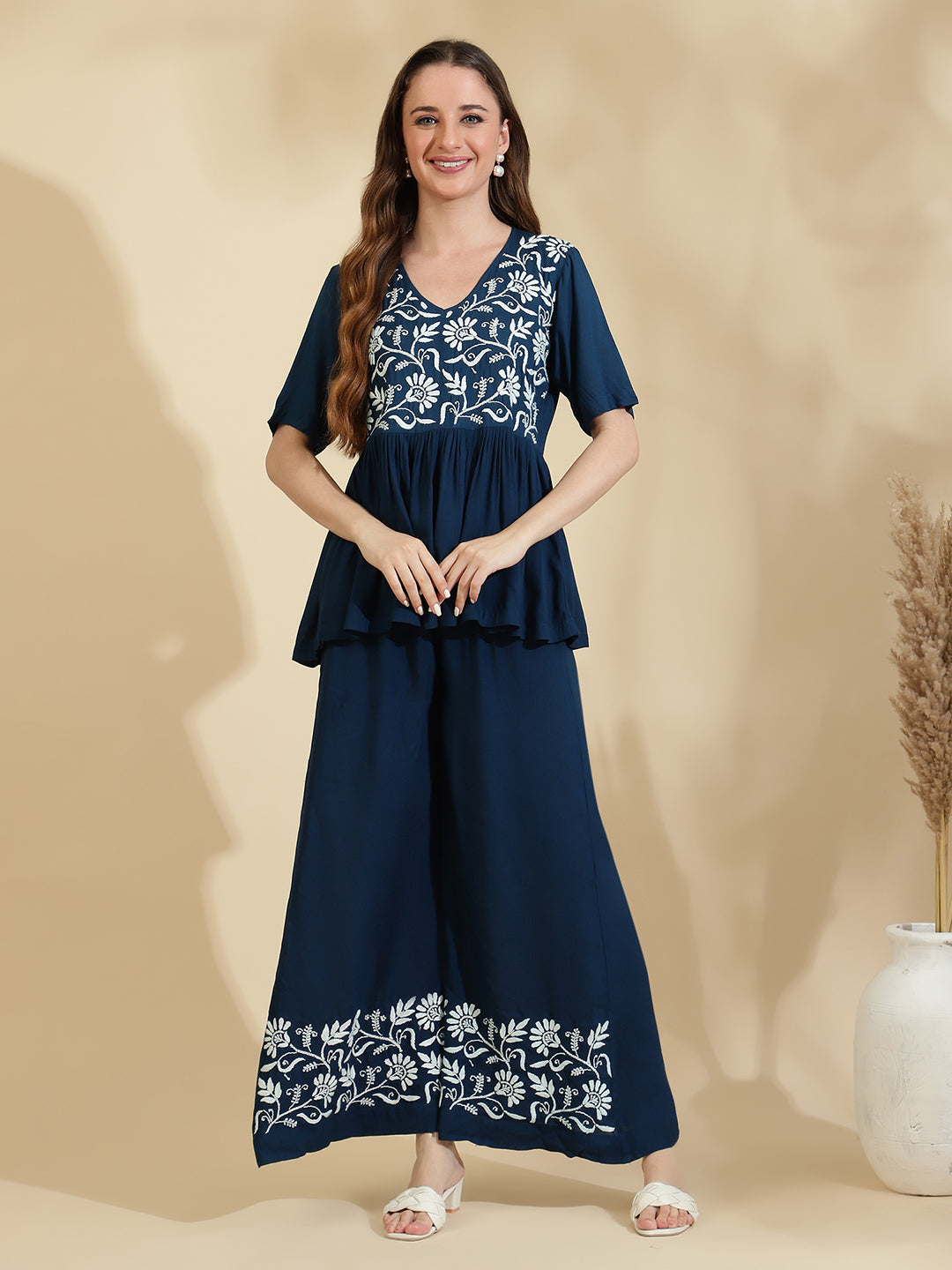 Womens Blue Embroidered Co ord Set