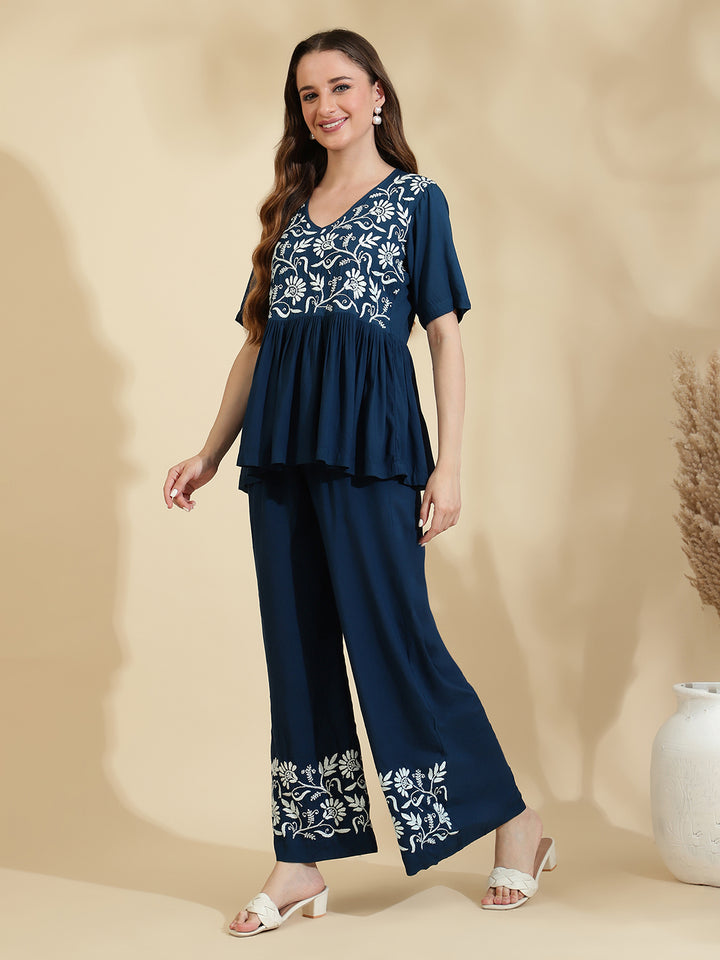 Womens Blue Embroidered Co ord Set