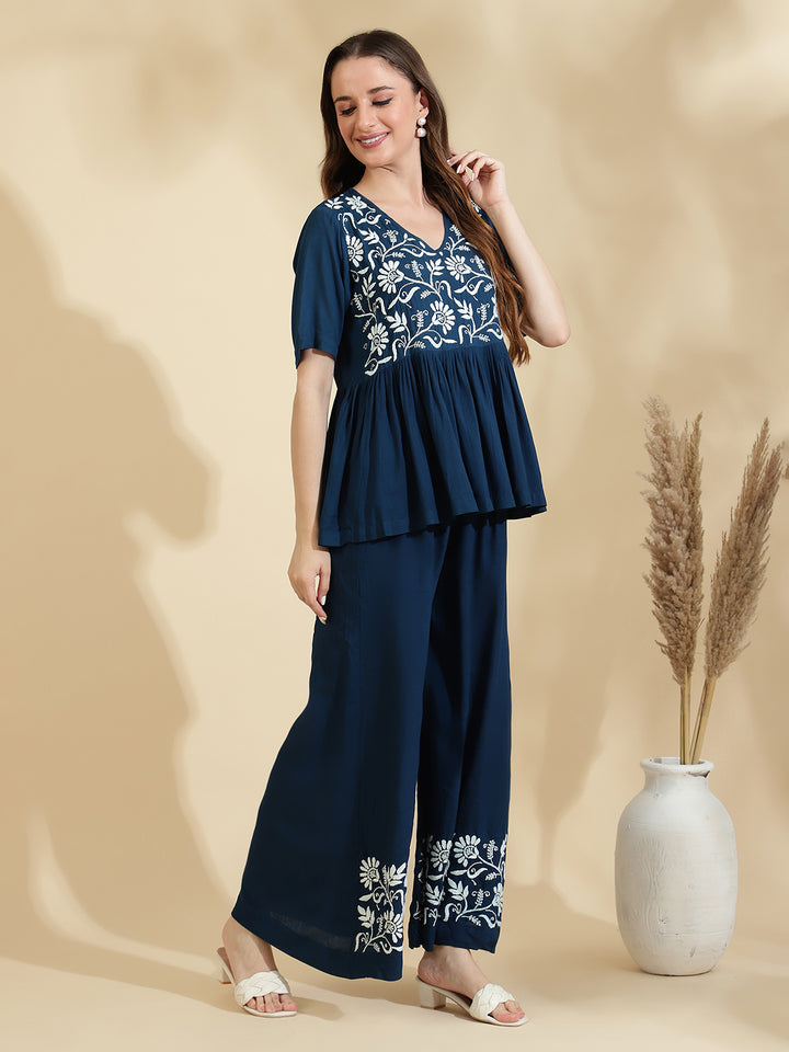 Womens Blue Embroidered Co ord Set