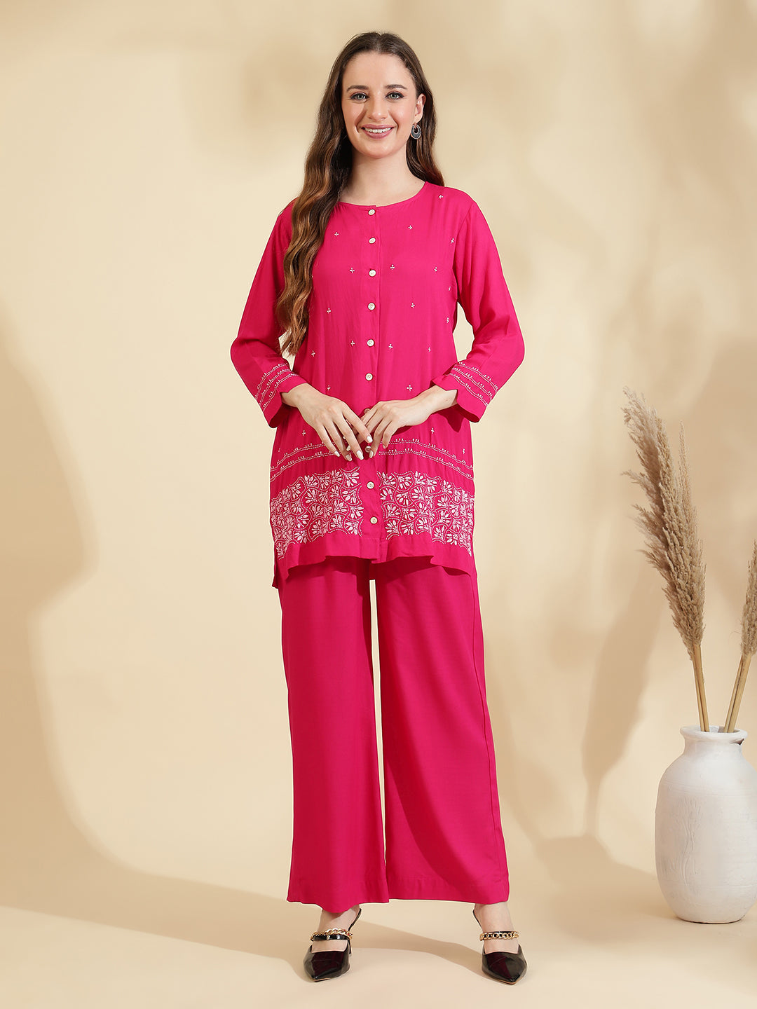 Womens Pink Embroidered Co ord Set