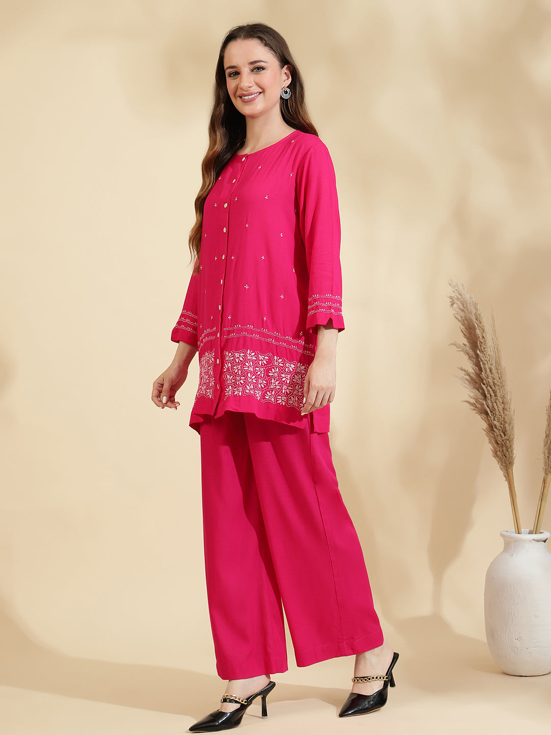 Womens Pink Embroidered Co ord Set