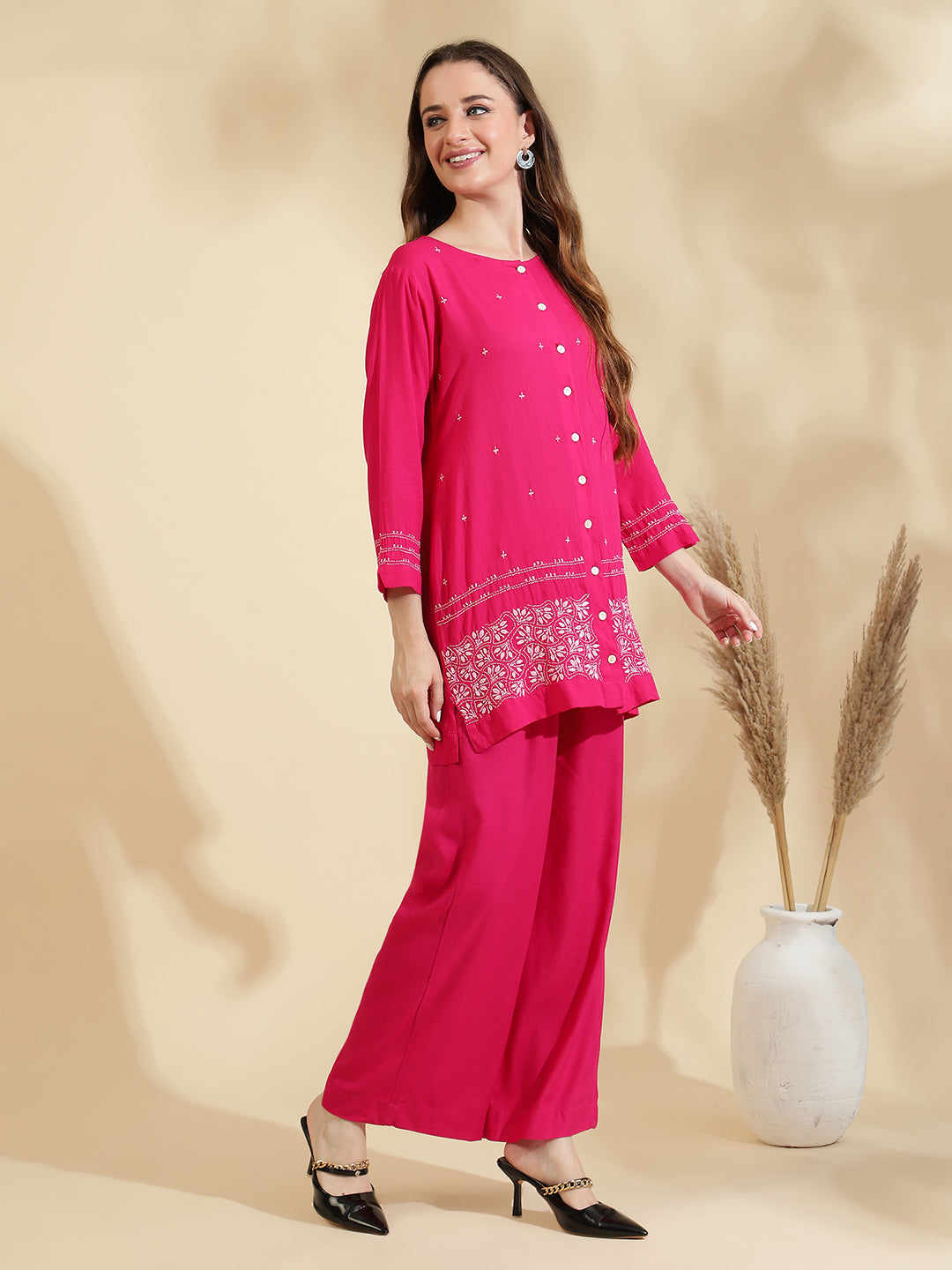 Womens Pink Embroidered Co ord Set