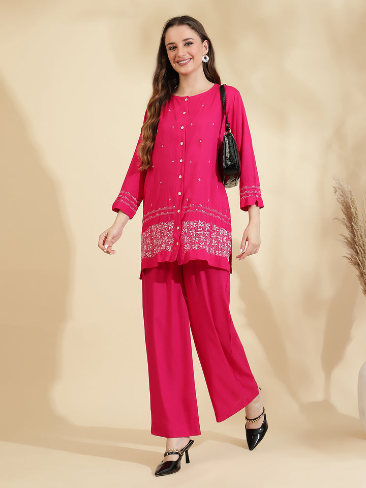 Womens Pink Embroidered Co ord Set